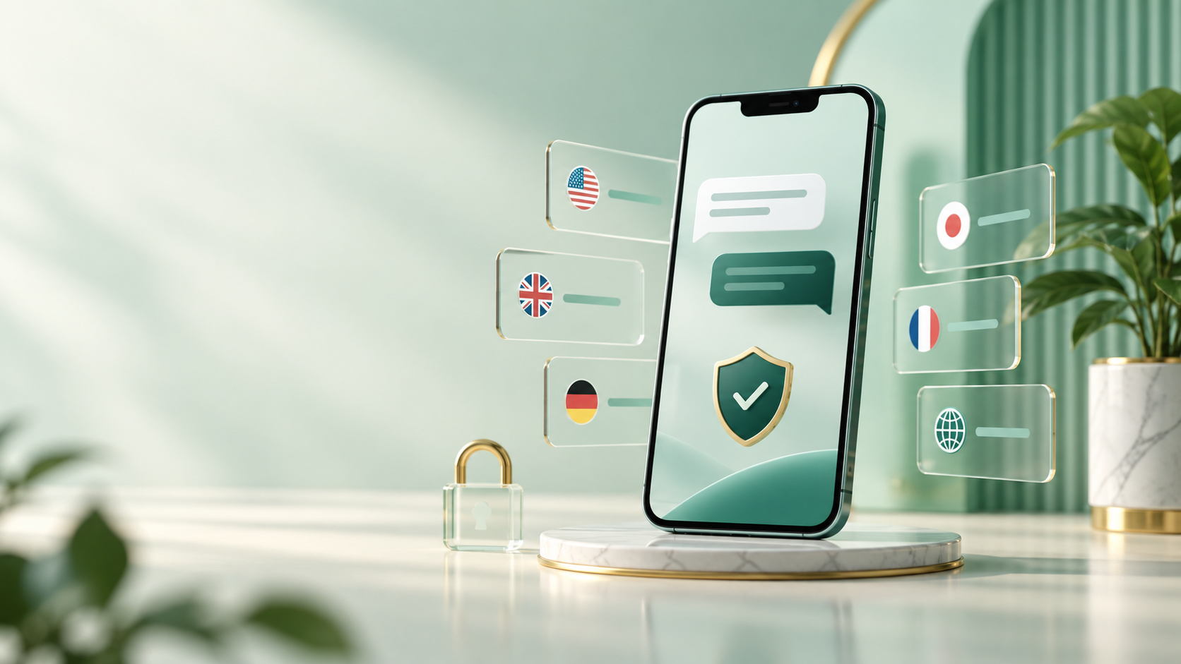 Smartphone with private message bubbles, a security shield, and international number options